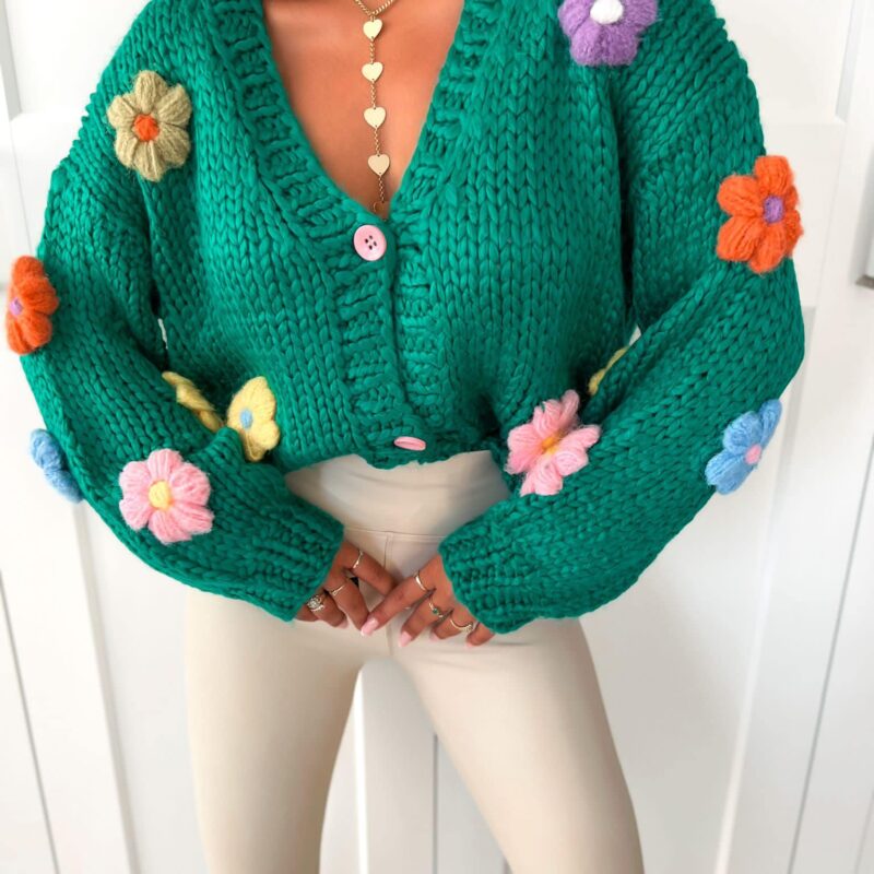 Gruby mięsisty sweter na guziki Kwiaty 3d