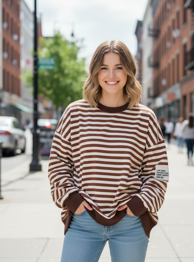 Bluzka oversize w paski z naszywką