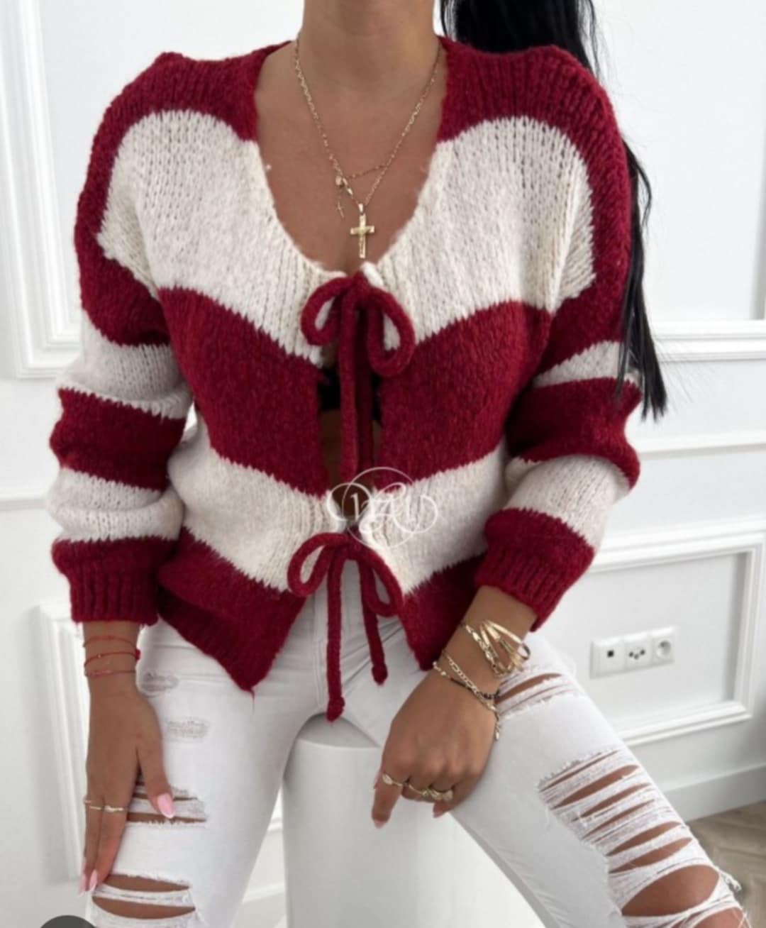 Akrylowy sweter w paski z wiązaniem - Image 2