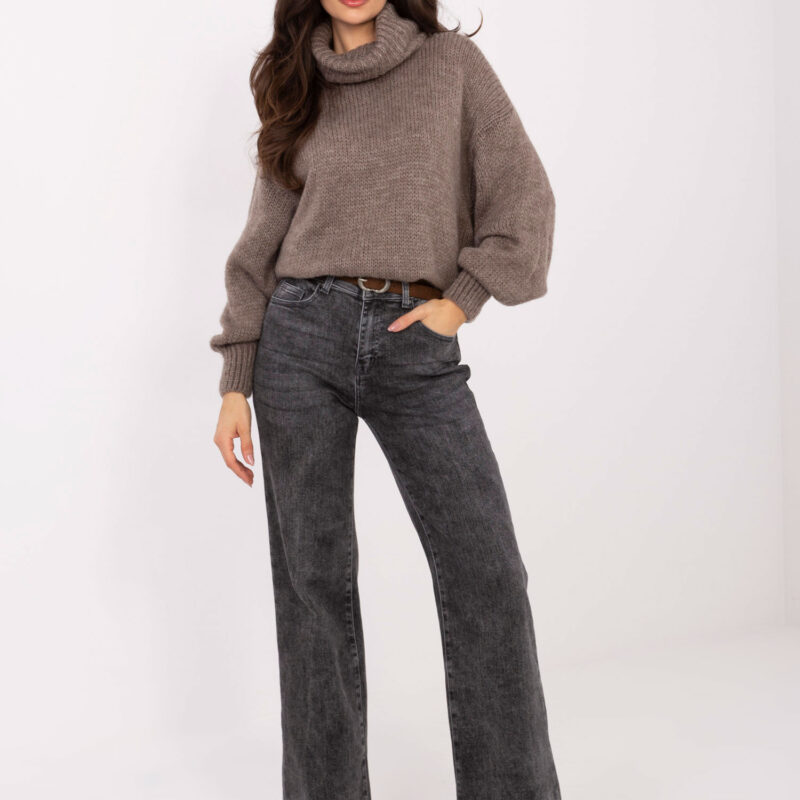 Genialne jeansy szeroka nogawka z paskiem_Ciemnoszare_