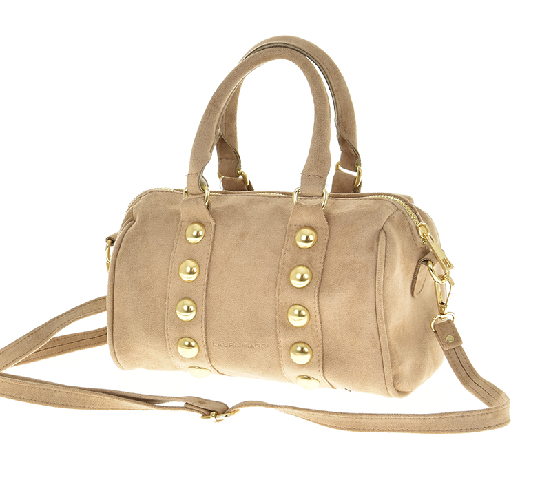 Zamszowa torebka z ćwiekami Laura Biaggi beż